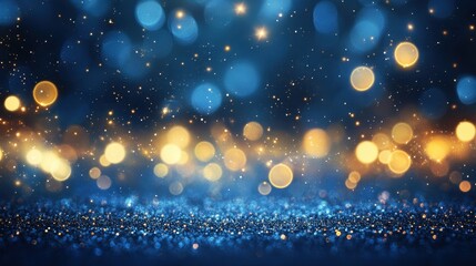 Obraz premium Sparkling Blue and Gold Glitter Background Festive Bokeh Lights and Shimmering Texture for Holiday Designs