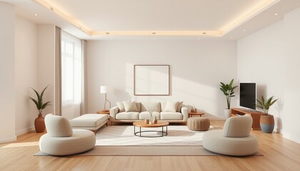 Photo of a modern and minimalist living room interior, a combination of soft colors and minimalist design creates a modern and comfortable atmosphere
