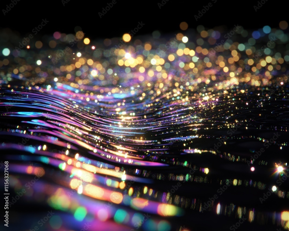Poster abstract background wavy lines of iridescent light and sparkling bokeh, perfect for design and brand