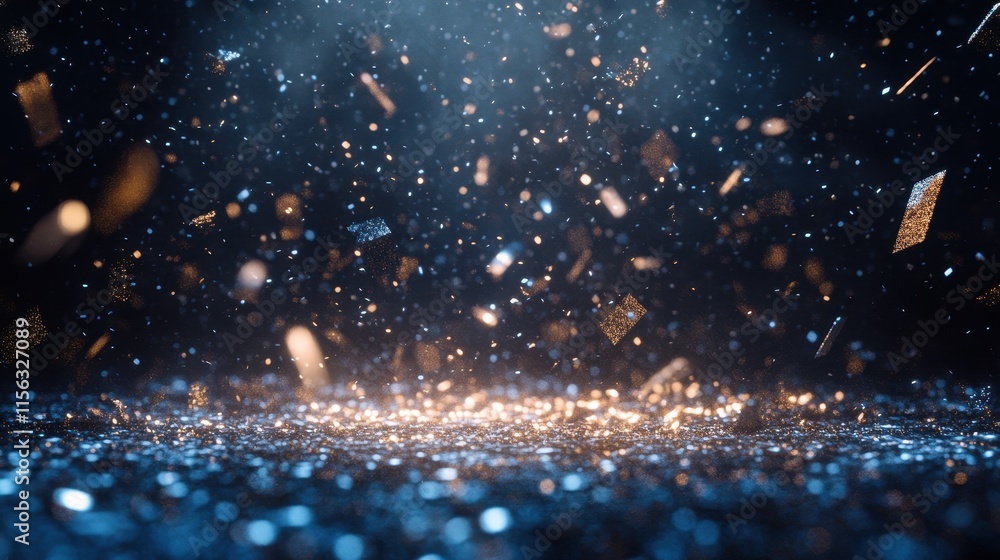 Poster Abstract Blue and Gold Glitter Background Sparkling Shimmering Texture with Bokeh Effect for Festive Designs