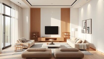 Photo of a modern and minimalist living room interior, a combination of soft colors and minimalist design creates a modern and comfortable atmosphere