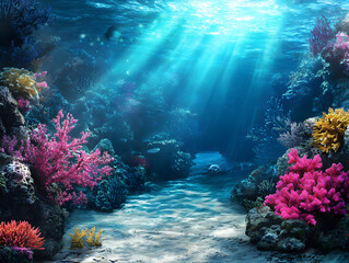 Obraz premium Beautiful underwater scene with coral reefs and sunlight filtering through the water