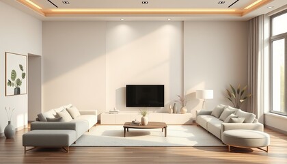 Photo of a modern and minimalist living room interior, a combination of soft colors and minimalist design creates a modern and comfortable atmosphere