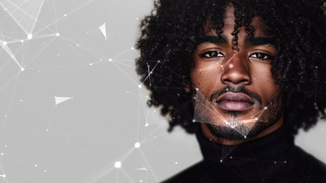 Black male model thin aquiline nose long curly hair. Black man. Black male model. Elegant man. Sexy man. A seductive guy. Fatal man. Copy-space for text. Minimalistic background. Generate AI.