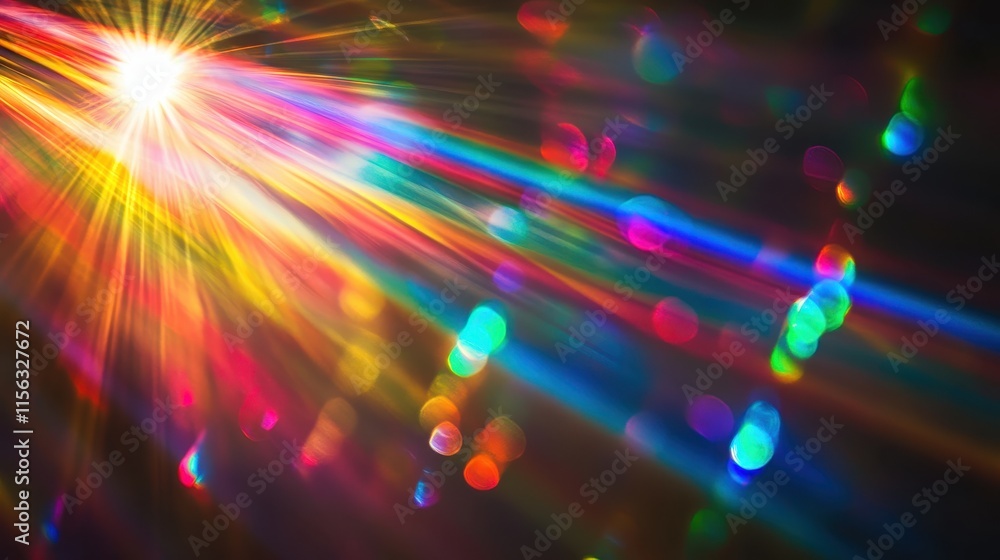 Poster Vibrant Rainbow Light Rays Burst with Bokeh Effects Abstract Background for Design