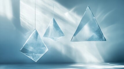 Abstract Geometric Glass Ornaments Hanging in Soft Light Minimalist Blue and White Background for Design