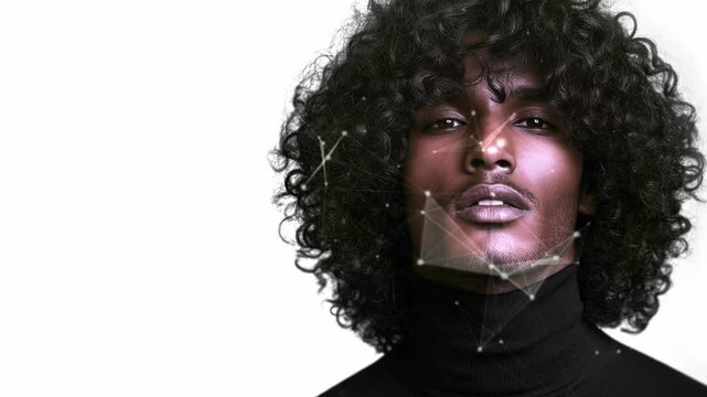 Black male model thin aquiline nose long curly hair. Black man. Black male model. Elegant man. Sexy man. A seductive guy. Fatal man. Copy-space for text. Minimalistic background. Generate AI.