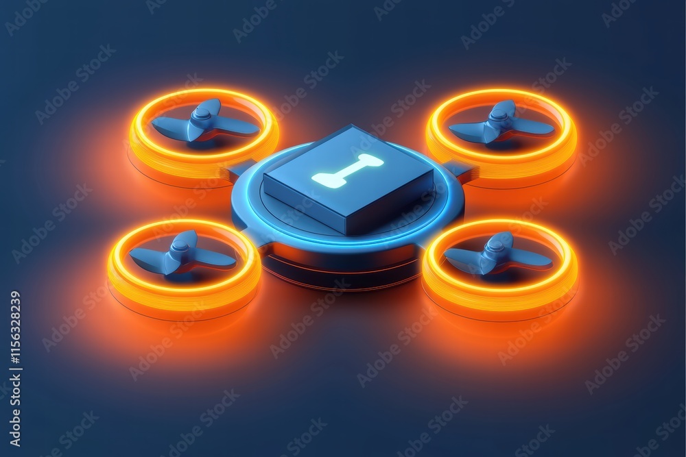 Poster futuristic drone design with glowing rotors and central hub element