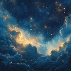 Celestial Nebula Abstract Space Landscape with Golden Stars and Blue Clouds - High-Resolution Stock Image