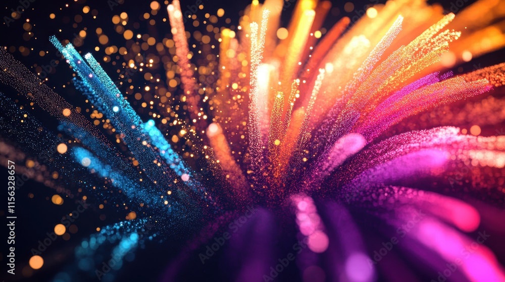 Poster vibrant abstract background exploding colorful stardust, glittering particles and bokeh lights - per