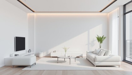 Photo of a modern and minimalist living room interior, a combination of soft colors and minimalist design creates a modern and comfortable atmosphere
