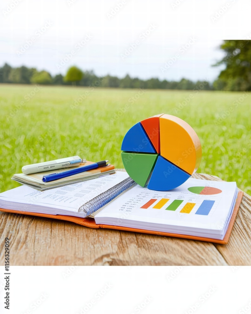 Poster Colorful Pie Chart on Notebook with Green Field Background