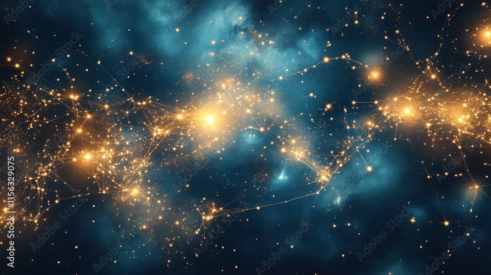 Poster abstract cosmic network golden constellation on teal nebula background - high-resolution stock image
