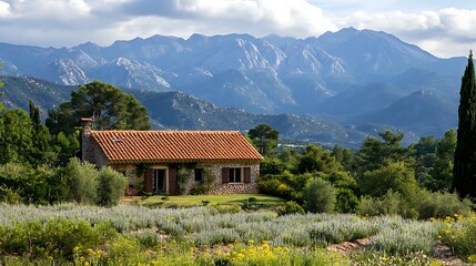 Obraz premium landscape photograph featuring a rustic house with a red tiled roof nestled amidst lush greenery, surrounded by tall cypress trees and various shrubs, creating a serene and picturesque setting