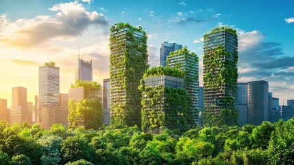 Obraz premium Urban Landscape Featuring Tall Modern Buildings Surrounded by Lush Green Trees Under Clear Blue Sky Portraying Vibrant City Life and Nature Harmony