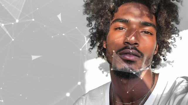 Black male model thin aquiline nose long curly hair. Black man. Black male model. Elegant man. Sexy man. A seductive guy. Fatal man. Copy-space for text. Minimalistic background. Generate AI.