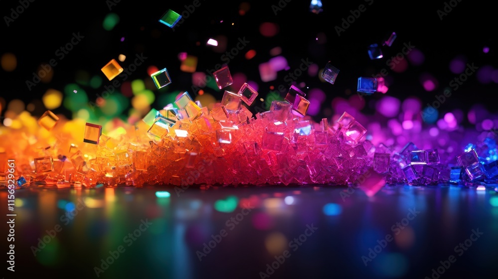 Poster vibrant rainbow crystal cubes abstract background 3d render of colorful glowing gems with bokeh effe