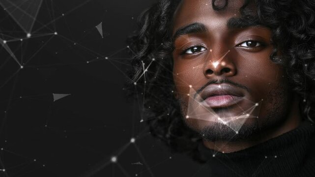 Black male model thin aquiline nose long curly hair. Black man. Black male model. Elegant man. Sexy man. A seductive guy. Fatal man. Copy-space for text. Minimalistic background. Generate AI.