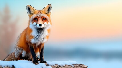 Fototapeta premium Stunning Red Fox Sitting on a Log in a Winter Landscape with Snow and Soft Evening Light