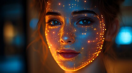 Womans face illuminated with glowing digital grid overlay