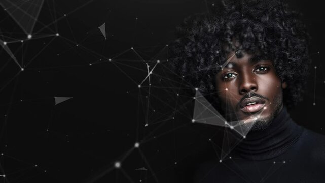 Black male model thin aquiline nose long curly hair. Black man. Black male model. Elegant man. Sexy man. A seductive guy. Fatal man. Copy-space for text. Minimalistic background. Generate AI.