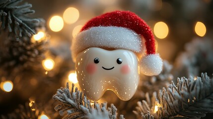 Obraz premium Whimsical White Tooth Wearing a Santa Hat Hanging from the Christmas Tree