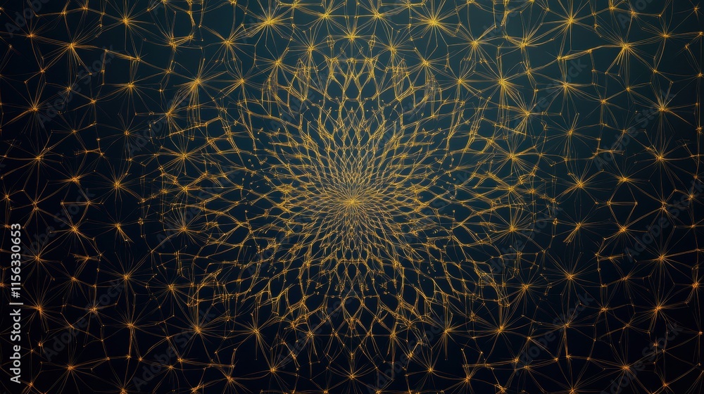 Poster abstract gold network pattern on dark background elegant geometric design with radial symmetry for t