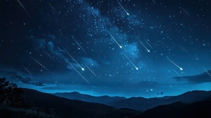 Majestic Night Sky with Shooting Stars over Silhouetted Mountains - Breathtaking Celestial Landscape Photography