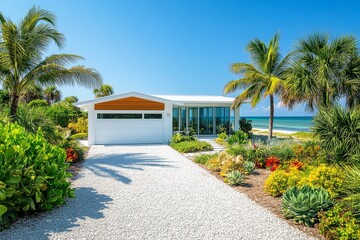 Fototapeta premium Front view of a modern Miami home with large windows overlooking the ocean, featuring a white garage door, gravel driveway, lush landscaping, tropical plants, and an expansive backyard with a beach vi