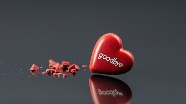 Disappointment and Valentine Pain. cracked red candy heart with word goodbye