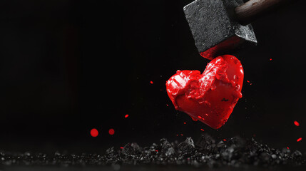 Disappointment and Valentine Pain. heart being crushed by heavy hammer, symbolizing pain
