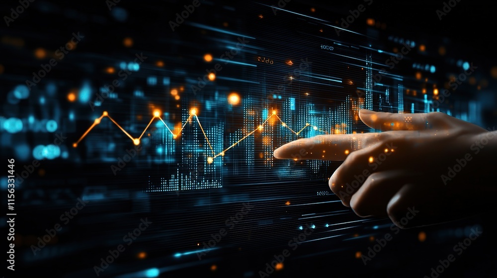 Poster hand pointing at glowing data graph on digital background