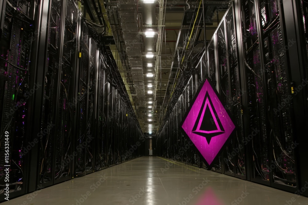 Poster high-tech data center with illuminated graphics and server racks