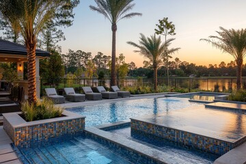 Fototapeta premium Outdoor swimming pool with modern glass and granite mosaic accents, overlooking a small lake surrounded by palm trees and a fence in the front yard of a large home on Florida's Gold Coast at sunset.