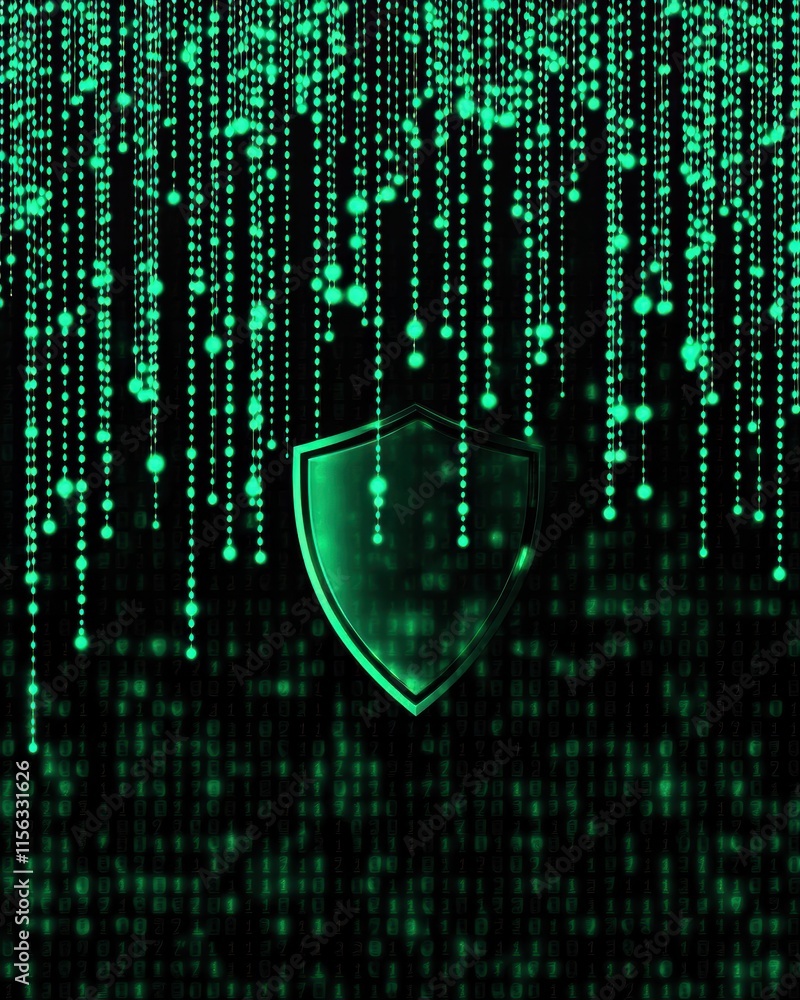 Poster green data protection concept with shield and binary code background