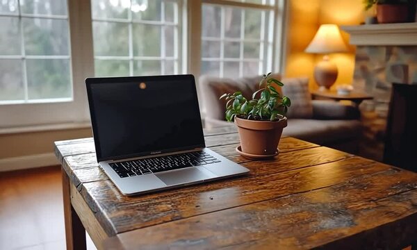Cozy Home Office Setup: Laptop, Plant, Fireplace