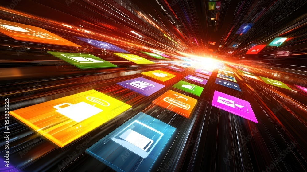 Poster dynamic technology background with colorful app icons and light effects