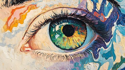 Vibrant, abstract painting focusing on a close up of a human eye features a rich palette of colors, including blues, greens, yellows, and oranges, creating a dynamic and textured appearance