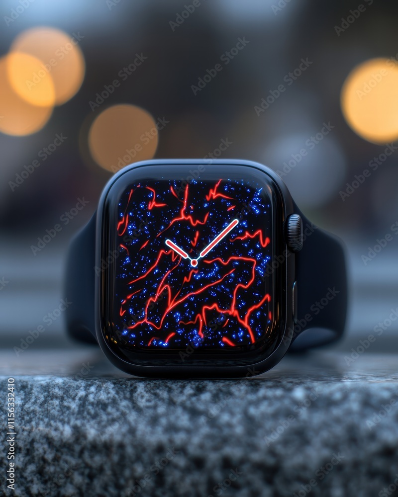 Poster Stylish smartwatch with vibrant abstract background bokeh lights