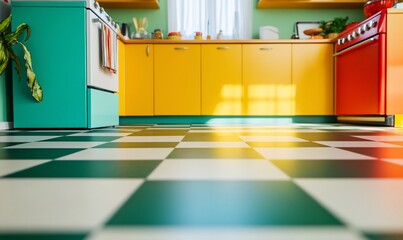 Colorful kitchen with vibrant cabinets and checkered floor.