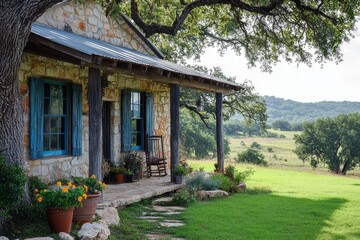 Obraz premium Rustic modern farmhouse in Texas hill country with stone and wood facade, blue windows, and a covered metal sheet porch. Green lawn, large oak tree, and landscaped backyard with stones and flower pots