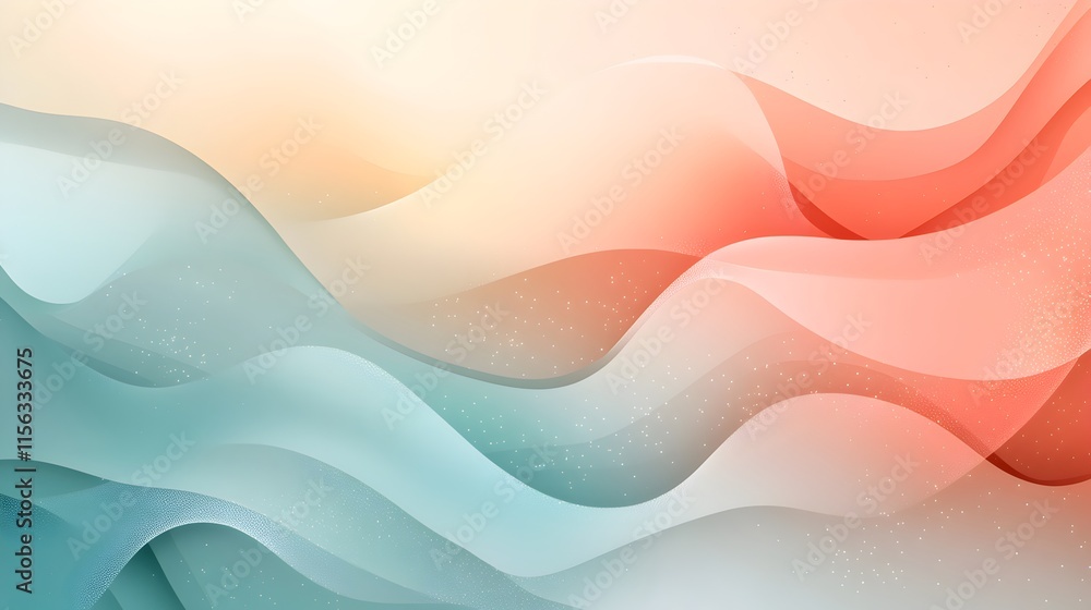 Poster abstract flowing waves background in soft peach and teal shades with delicate sparkles