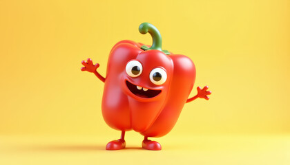 Joyful 3D cartoon bell pepper with big eyes and wide smile on yellow background