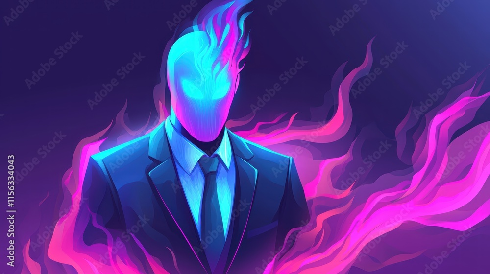 Poster mysterious figure in suit with colorful flames and abstract background