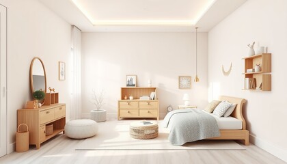 Photo of a minimalist bedroom interior, with dominant soft colors of clean white, creates a comfortable atmosphere