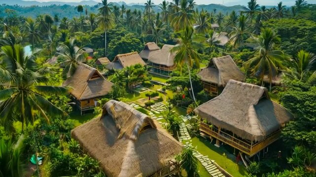 a Majapahit village, with traditional houses made of bamboo and thatch, surrounded by coconut trees and vibrant vegetation.