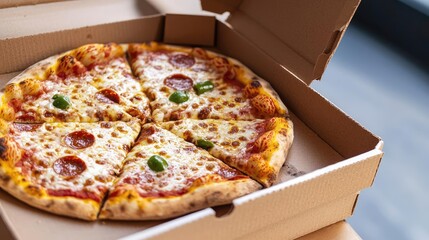 Pizza delivery concept. Delicious pepperoni pizza in a takeout box, ready to enjoy for any occasion.