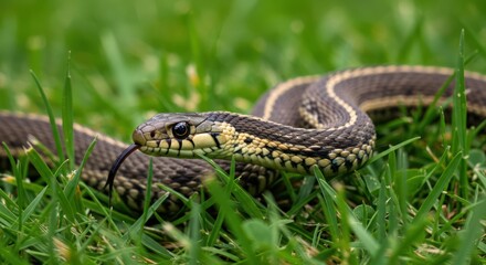 Garter Snake in Green Grass Habitat
