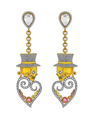 Jewelry design golden skull dangle earrings.dangle earrings with a gothic-meets-luxury theme. Each earring showcases a golden skull adorned with a sparkling top hat encrusted with shimmering diamonds.
