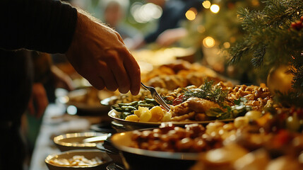 Obraz premium Delicious buffet spread at a festive gathering with joyful participants enjoying food. 